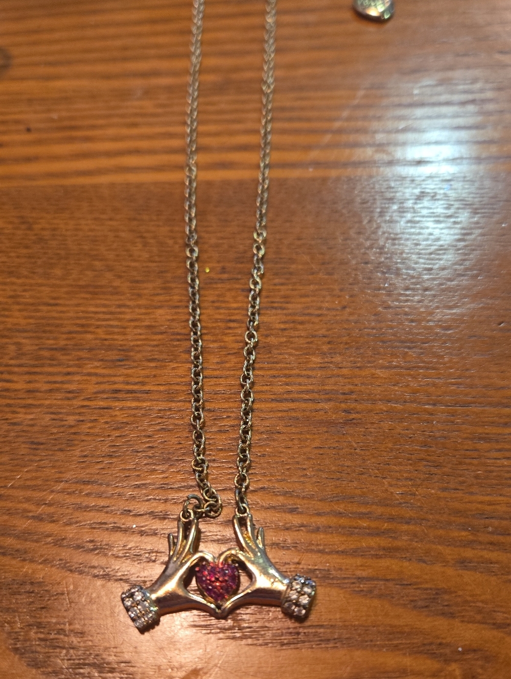 Gold-Tone BETSEY JOHNSON Hands Heart Pendant Necklace with Pink Stones